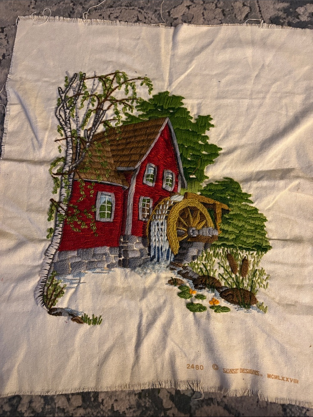 Vintage Crewel Embroidery mill pond scene Piece